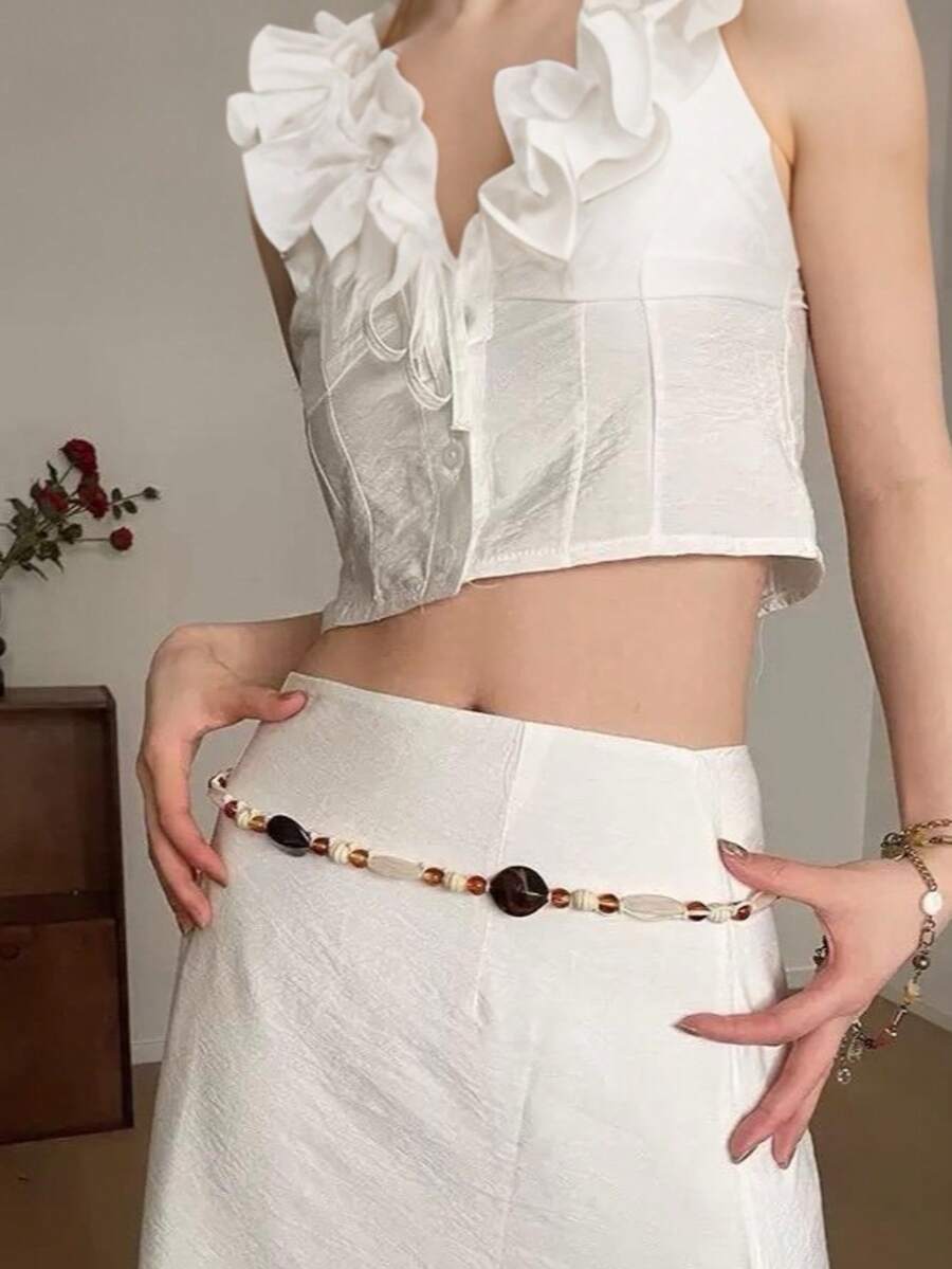 1pc Elegant Beaded Waist Belt, Suitable For Summer And School Wear - Beige - View 1