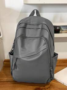Casual Large Capacity Water-Resistant PU Diagonal Zipper Multi-Pocket Functional Backpack, Unisex School College Student Book Bag, Suitable For School, Classes, Shopping, Travel, Back-To-School Season