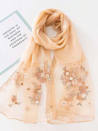 1pc Apricot Floral Embroidery Women's Scarf, Elegant Floral Embroidered Shawl, Versatile For Travelling, Sun Protection In Summer, Warm Cheongsam Accessory In Autumn/Winter, Great Gift For Mom