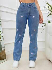 Damen Mode Lässig Soft Komfortable Herz Stickerei Medium Gewaschen Blau Elastisch Schneeflocke Jeans Hose, geeignet für Frühling, Sommer, Herbst und Winter