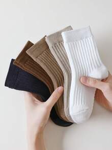 5/2/1 Pair Pack Children's Mid-Calf Socks, Suitable For Boys, Girls, Infants, Black, White, Khaki, Coffee, Solid Color, Striped, Massage Bottom, Pineapple Pattern Bottom, All Season, Thin, Mid-Calf, Casual, Fashionable, Comfortable, Versatile, Cute, Suitable For Daily Wear, Can Be Paired With Casual Shoes, Sneakers, Back To School Season, Students, New School Term, Start Of School, Classroom