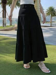 Bamboo Fashion Maxi Skirt With Buttons And Layered Hem For Vacation And Beach Women's Clothing Tres Marias - 黑色 - 查看 3