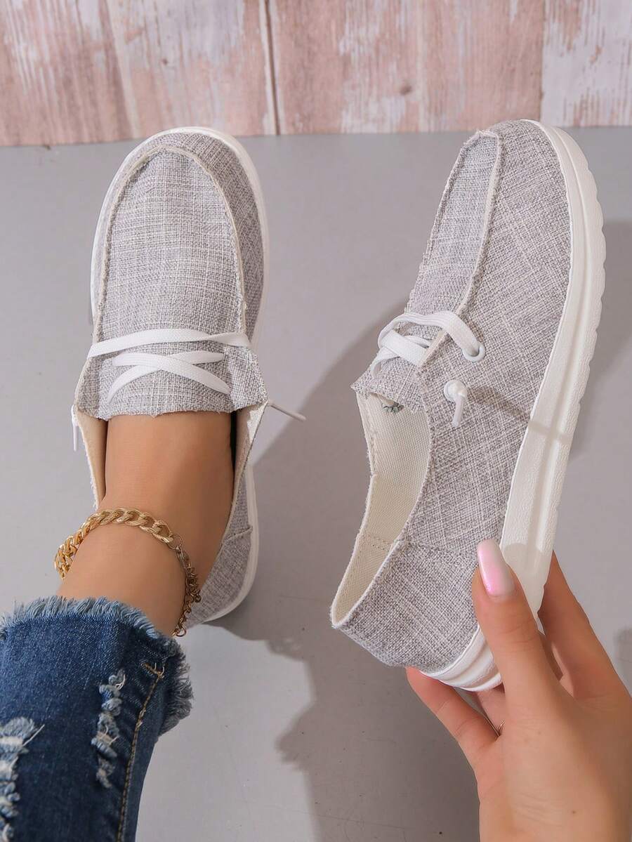 女式休闲轻便厚底运动鞋，低帮软底透气系带多功能运动步行鞋，四季皆宜 - 灰色 - 查看 1