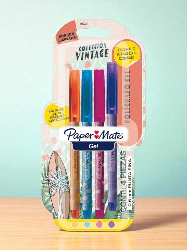  4 BoligrafoS Fino Gel Surtidos Con 4Pzas Vintage, paquete de 4 pzas plumas con diseño vintage marca paper mate.