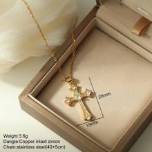 1pc Elegant Crystal Cross Pendant Necklace, Unisex - Stainless Steel, Gold Chain, Inlaid With Black, Transparent And Pink Gems, Versatile Jewelry Gift For Men And Women, Suitable For Casual Or Formal Occasions | Graceful Necklace | Cross Necklace