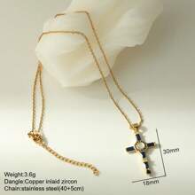 1pc Elegant Crystal Cross Pendant Necklace, Unisex - Stainless Steel, Gold Chain, Inlaid With Black, Transparent And Pink Gems, Versatile Jewelry Gift For Men And Women, Suitable For Casual Or Formal Occasions | Graceful Necklace | Cross Necklace