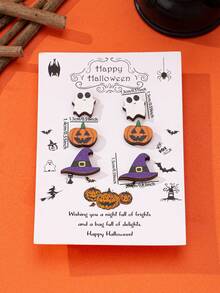 3 对万圣节木质印花可爱鬼魂、邪恶南瓜、女巫帽耳环，女士耳环套装，适合万圣节派对庆祝活动，适合送给朋友和家人的节日珠宝礼物 - 彩色 - 查看 2