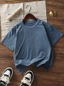 Boys Casual Printed Grey Blue Round Neck Short Sleeve T-Shirt, Summer Tops For Teens & Students - Dusty Blue - View 2