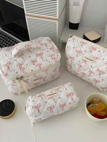 1pc/2pcs/3pcs Pink Bow Women's Cosmetic Bag, Cosmetic Storage Bag Set Suitable For Women, Toiletries Storage Bag, Skin Care Product Storage Bag Travel Portable Cosmetic Bag, Portable Multi-Functional Travel Cosmetics Storage Bag, Compartment Beauty Storage Bag, Travel Toiletries Bag, For Eyeshadow Disc, Foundation, Eye Cream, Mask, Loose Powder And Toiletries, Suitable For Party Vacation, Wedding Makeup Use