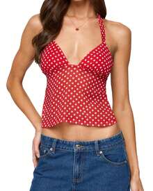 Women Summer Fashion Polka Dot Halter Neck Tank Tops - Đỏ - Xem 2