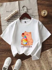3pcs/Set Tween Girls Capybara Print Crew Neck T-Shirt, Summer Tops - Black - View 3