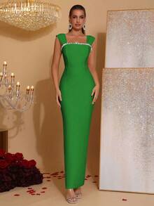 Modphy New Sexy Sparkling Rhinestone Decor Sleeveless Backless Maxi Bandage Dress, Elegant Women'S Long Formal Gown For Wedding, Party, Events