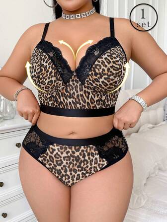 Plus Size Leopard Print Lace Patchwork Spaghetti Strap Bra And Panty Set
