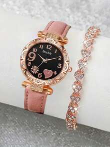 2 件/套时尚精致手表，水钻装饰表盘搭配闪亮水晶手链组合套装，创意数字图案石英表，腕饰套装。 - 彩色 - 查看 2