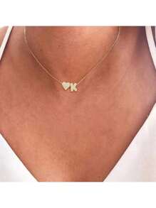 1pc New Simple Pave Zirconia Bubble Initial Heart Pendant Gold Color Stainless Steel Chain Necklace For Women