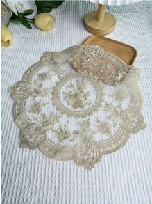 1pc, Exquisite Round Lace Tablecloth-Unique Hollow Design With Crochet Flower Pattern, Thermal Insulation, Woven Materials, Multifunctional Table Mats, Coasters, Placemats-Retro Style, Bedside Table Decoration, Dust Cover, Room Decoration Lace Tablecloth, Mother's Day Gift.