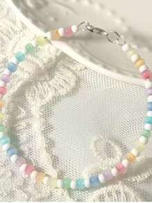 1pc Handmade Rainbow Beaded Bracelet With Cat Eye Stone Accents, Cute Design For Girls (Actual Size May Vary)
