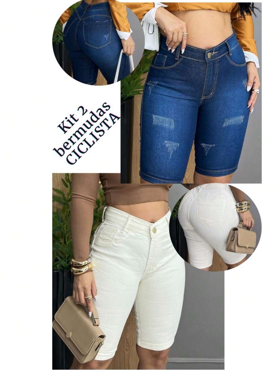 Kit 2 Women's Cycling Shorts BEIGE AND SCRATCHED JEANS High Waist With Simple Tweezers Pocket Button Zipper Daily