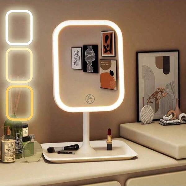 Espelho de maquiagem LED, espelho de penteadeira com luzes, espelho de maquiagem iluminado com 3 modos de iluminação, espelho de maquiagem iluminado com bandeja de armazenamento, giro de 270°, controle por toque, espelho de maquiagem iluminado para viagem, espelho de maquiagem de penteadeira com luzes, bateria recarregável, espelho de maquiagem LED portátil, presente de Natal para mulheres, decoração de banheiro para casa, organizador de maquiagem de verão, acessórios de banheiro, acessórios para casa, 300mAh