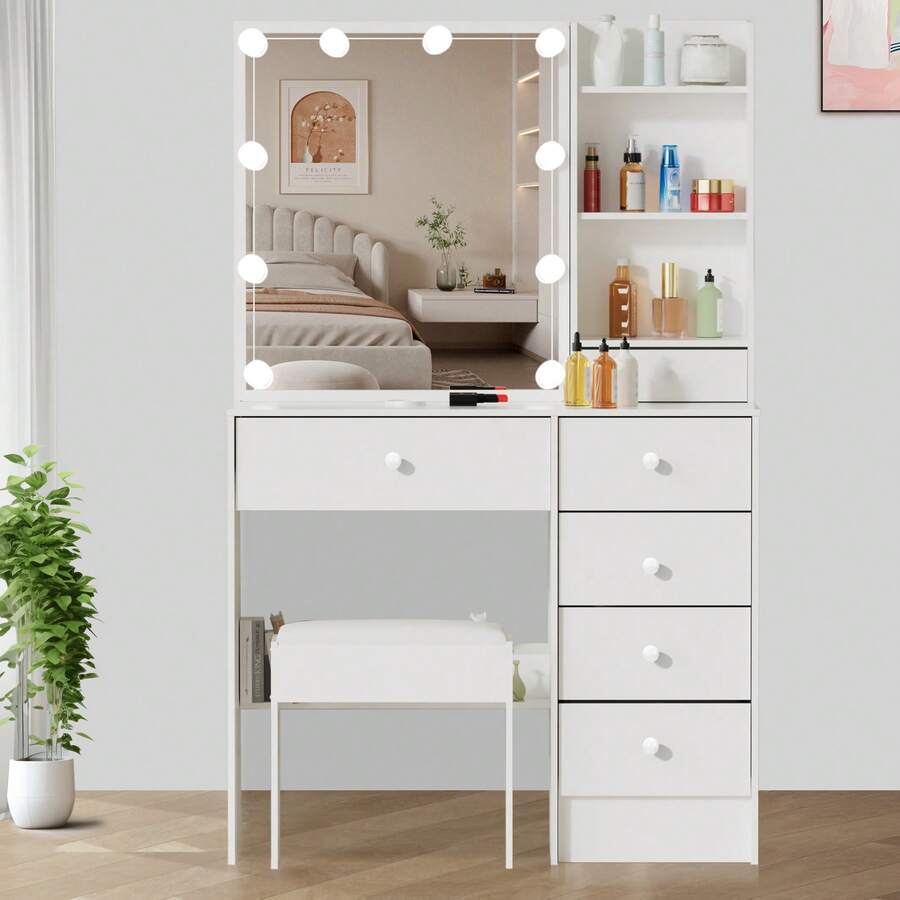 White Dressing Table LED Vanity Stool Set Makeup Desk W/ Mirror 10 Light &Drawer - White - View 1