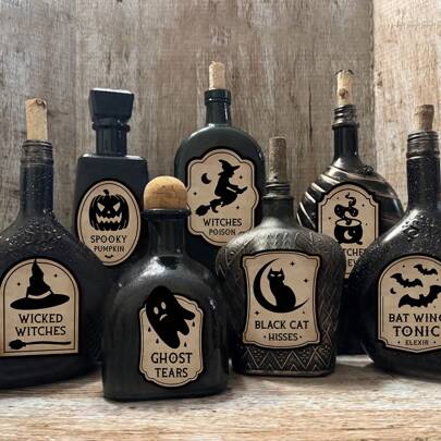 8 piezas Etiquetas para botellas de vino de Halloween, Etiquetas de vino, Pegatinas de etiquetas de botellas de pociones mágicas, Calcomanías de botellas de pociones, Pegatinas de botellas de vino con murciélago, calavera, calabaza y fantasma - Para decoración de fiestas de Halloween y decoración de fiestas de terror, decoración de habitaciones, decoración del hogar, decoración de paredes, pegatinas de pared, decoración de Halloween, decoración de otoño, decoraciones de Halloween