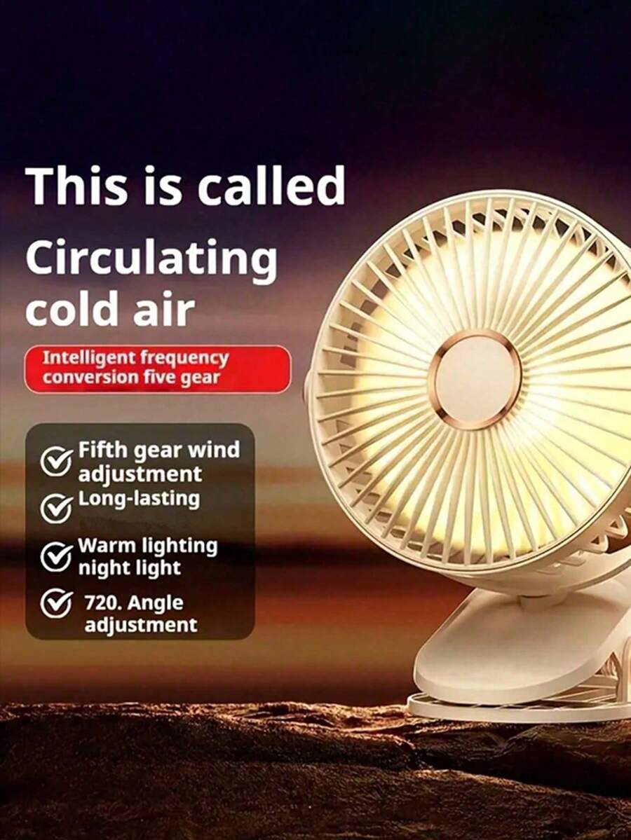 带夹子的便携式 LED 台扇，带夜灯的 USB 可充电个人风扇，可调节气流，适合露营、居家、旅行 - 室内外使用，LED 显示屏，小夜灯，500mAh