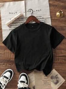 Tween Jungen Students Schlichtes schwarzes T-Shirt mit Rundhalsausschnitt und kurzen Ärmeln, lässiges Sommeroberteil