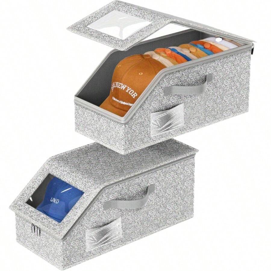 1/2 PCS Stackable Foldable Baseball Cap Holder Box With Solid Lid - Space Saving Wardrobe Organizer With Transparent Window For Easy Viewing, Durable Material - Suitable For Stacking Baseball Caps & Hats - Unisex For Closet, Shelf, Under Bed Storage - Wardrobe Organization And Storage