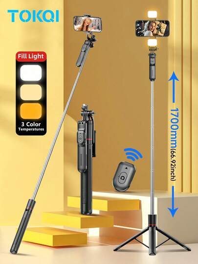 TOKQI 170 厘米/67 英寸合金蓝牙自拍杆三脚架，带稳定手柄 - 伸缩式 360° 旋转手机支架、无线遥控器和可拆卸支架，适用于 GoPro/相机/智能手机 - 折叠便携式三合一（手持/地面/三脚架），适用于 Vlogging、旅行和防抖视频，兼容 Android 手机，适用于暑假、旅行、补光、户外活动、直播