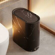 Senmeo 1 Set 3.7 Gallon Double Barrel Trash Can, Marble & Wood Grain Design, Odor Resistant, Push-Lid Plastic Bin With Handle - Multi-Color Options, For Kitchen/Living Room/Bedroom Storage, Compact For Bathrooms/Kitchens/Offices - 白色 - 查看 2