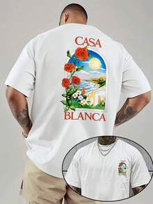 Camiseta Casual de Manga Corta para Hombre - Impresión Gráfica de Casa Blanca con Motivo Floral y Paisajístico, Verde Brillante, Ajuste Regular para Actividades al Aire Libre en Verano, Telas Cómodas - Negro - Ver 10