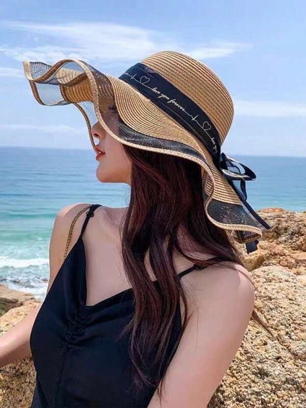 1 Piece Women's Khaki Foldable Bucket Hat, Bohemian & Elegant Straw Hat For Summer Beach, Sun