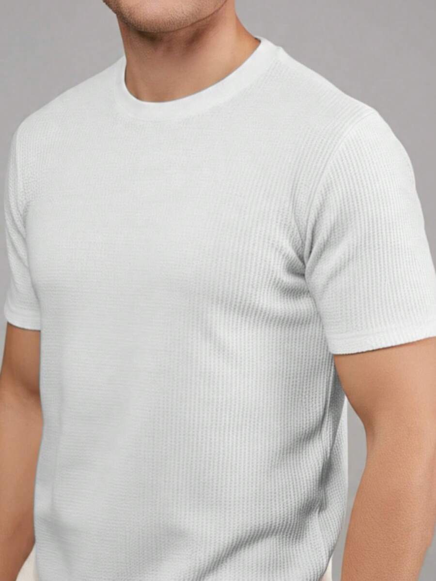 Textured Casual Basic Straight Textured Premium Knit T-Shirt - 白色 - 查看 1