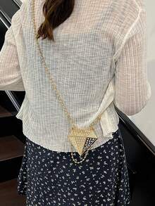 女士迷你小包，时尚高颜值单肩零钱包，甜美酷炫华丽链条斜挎包，钻石镶嵌几何包，适合宴会和户外派对 - 金色 - 查看 3