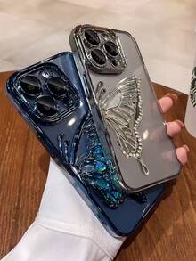 Funda de teléfono de lujo plateada transparente con soporte de purpurina con mariposa, estilo de cristales brillantes, cubierta suave a prueba de golpes de silicona, compatible con iPhone 16/16E/16 Pro/16 Pro Max/16 Plus/15/14/13/12/11/X/XS/XR/8/7, Galaxy S25/S24/S23/S22/S21/A55/A54/A53/A52/A35/A34/A23/A16/A15/A14/A13/A12/A05S/FE/Ultra/4G/5G, Redmi/Honor/MOTO/OPPO/Infinix y otras marcas, resistente al agua, a los golpes y a los arañazos