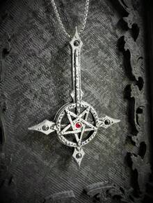 1 件优雅红水晶空心星十字吊坠项链，哥特金属银色项链适合派对、聚会、户外活动、表演服装 - 復古銀色 - 查看 1