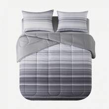 7-Piece Reversible Bed In A Bag Comforter Set With Sheets, Blue Floral, Queen - Grey Stripe - 查看 6