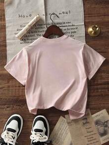 少女/学生粉色印花圆领短袖休闲T恤上衣，夏季 - 粉色 - 查看 3
