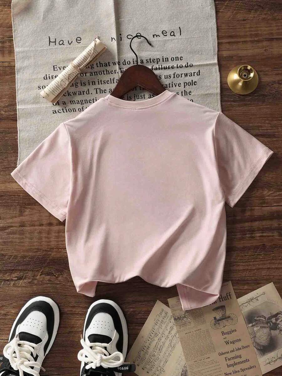 Tween Girls/Students Pink Printed Round Neck Short Sleeve Casual T-Shirt Tops, Summer - Pink - View 1
