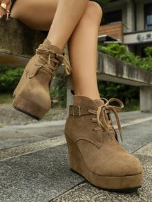 Damen Herbst/Winter Neue Veloursleder Ankle Boots, Keilabsatz Dicke Sohle Schnürung Lässig Komfortable Urlaubs Party Einfarbige Chelsea Stiefel - Braun - Übersicht 3