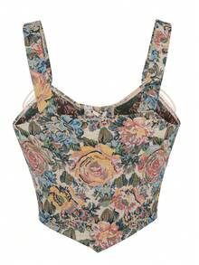 Alivila.Y Fashion Womens Vintage Floral Print Grommet Lace Up Tie Front Corset Bustier Shapewear Top - 彩色 - 查看 3