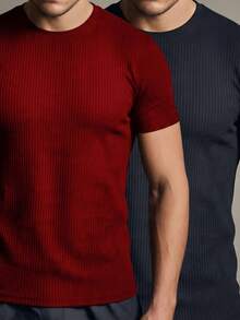 Kit 2 Basic Casual Textured T-Shirt Straight Textured Premium Mesh - BLACK AND RED - View 1