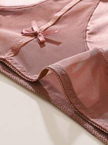 5pcs/Pack Women's Satin Lace Sexy Sheer Mesh Bow Decor Elastic Waist Bikini Panties