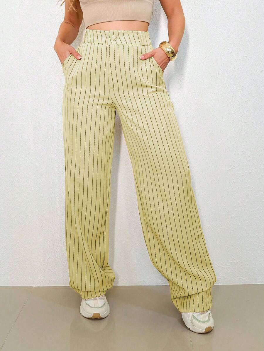 LIN SERVIÇOS, REF: H932 - Women's Striped High-Waisted, Wide-Leg Trousers, Ideal For Casual And Formal Looks. Lightweight, Stylish And Elegant, They Offer Comfort And Sophistication For A Variety Of Occasions. - 奶油色 - 查看 1