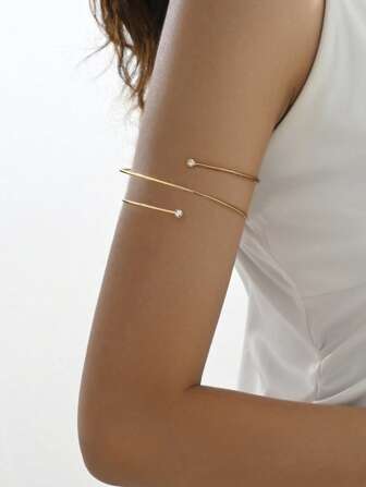 1pc Simple Metal Gemstone Double-Layer Spiral Diamond Set Bangle, Gold-Colored Opening Bangle For Couples, Party, Banquet, Dress Up, Armlet, Arm Bracelet, Perfect Gift For Girlfriends On Dates, Exquisite Jewelry