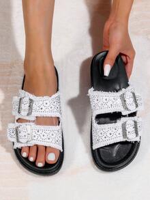 女士夏季沙滩度假凉鞋，户外休闲拖鞋，居家防滑鞋，复古牛仔布旅游鞋，流苏帆布一脚蹬双扣凉鞋