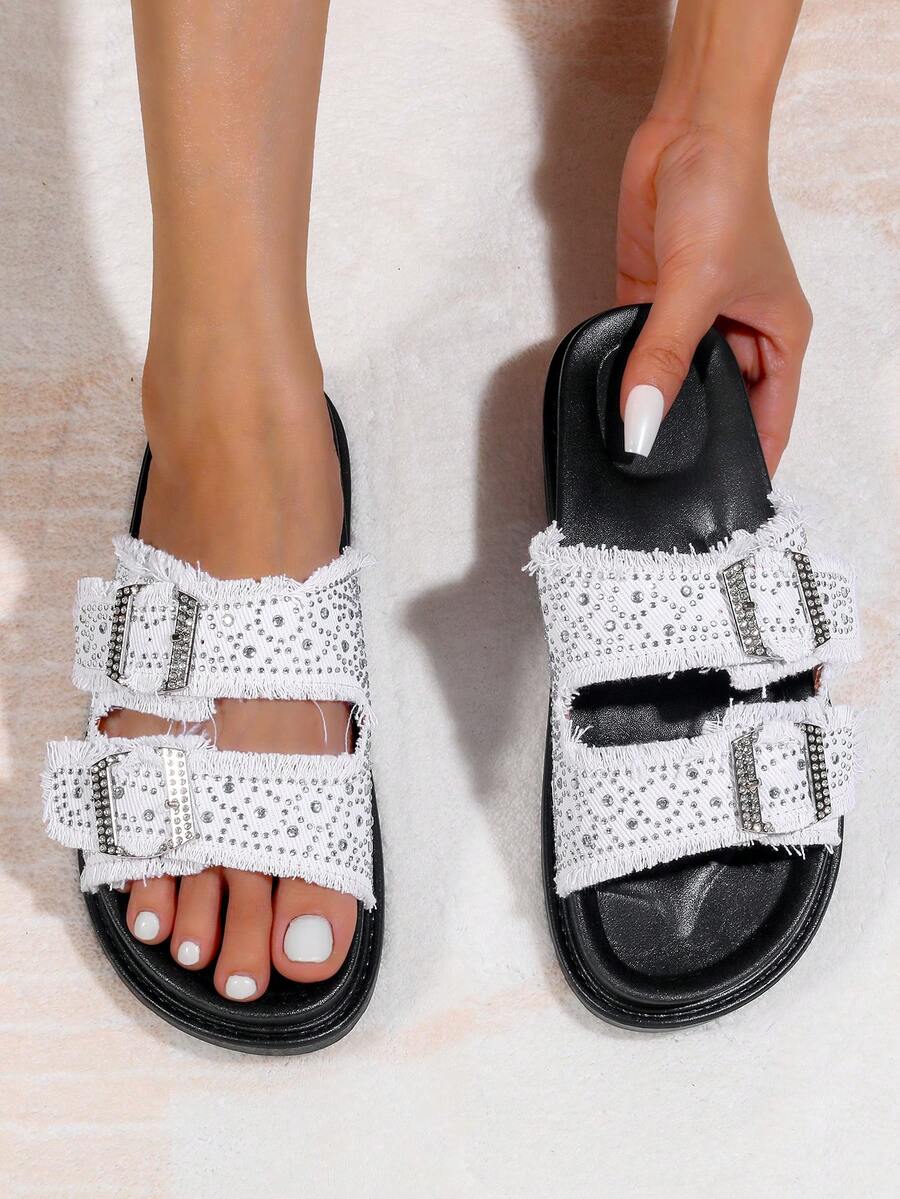 女士夏季沙滩度假凉鞋，户外休闲拖鞋，居家防滑鞋，复古牛仔布旅游鞋，流苏帆布一脚蹬双扣凉鞋