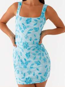 Women Slip Dress, Sleeveless Square Neck Sequined Flower Slim Fit Summer Mini Dress For Club Party - Blue - View 4