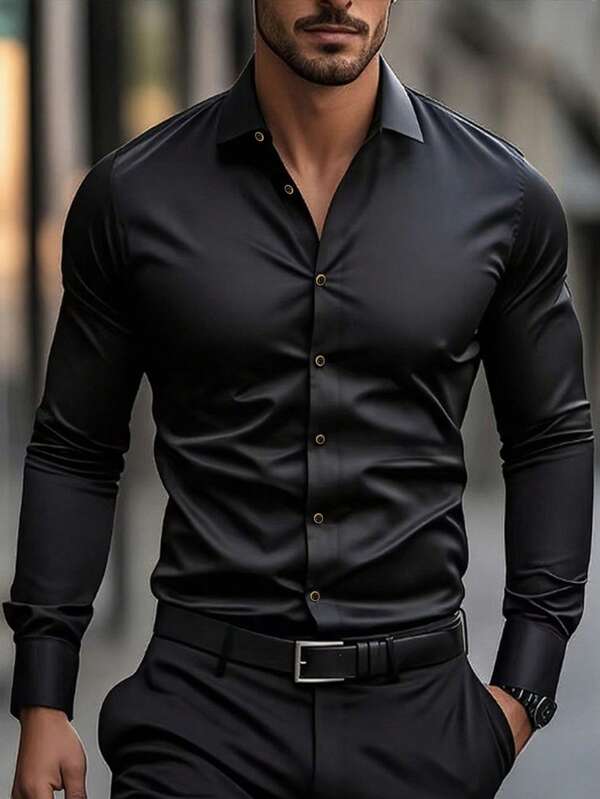 Men's Solid Color Long Sleeve Formal Shirt With Gold Button Design