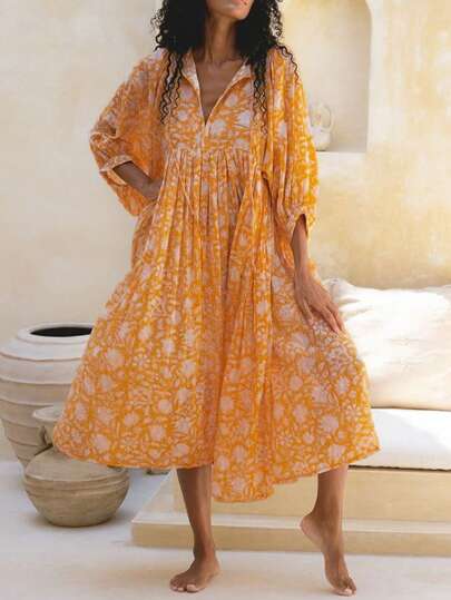 Eilly Bazar Plus Size Boho Blommönster Batwing Sleeve Smock Dress, för sommaren